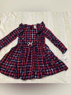 Oshkosh Bgosh 3T Girls Viscose Red Flannel Longsleeve dress Silver